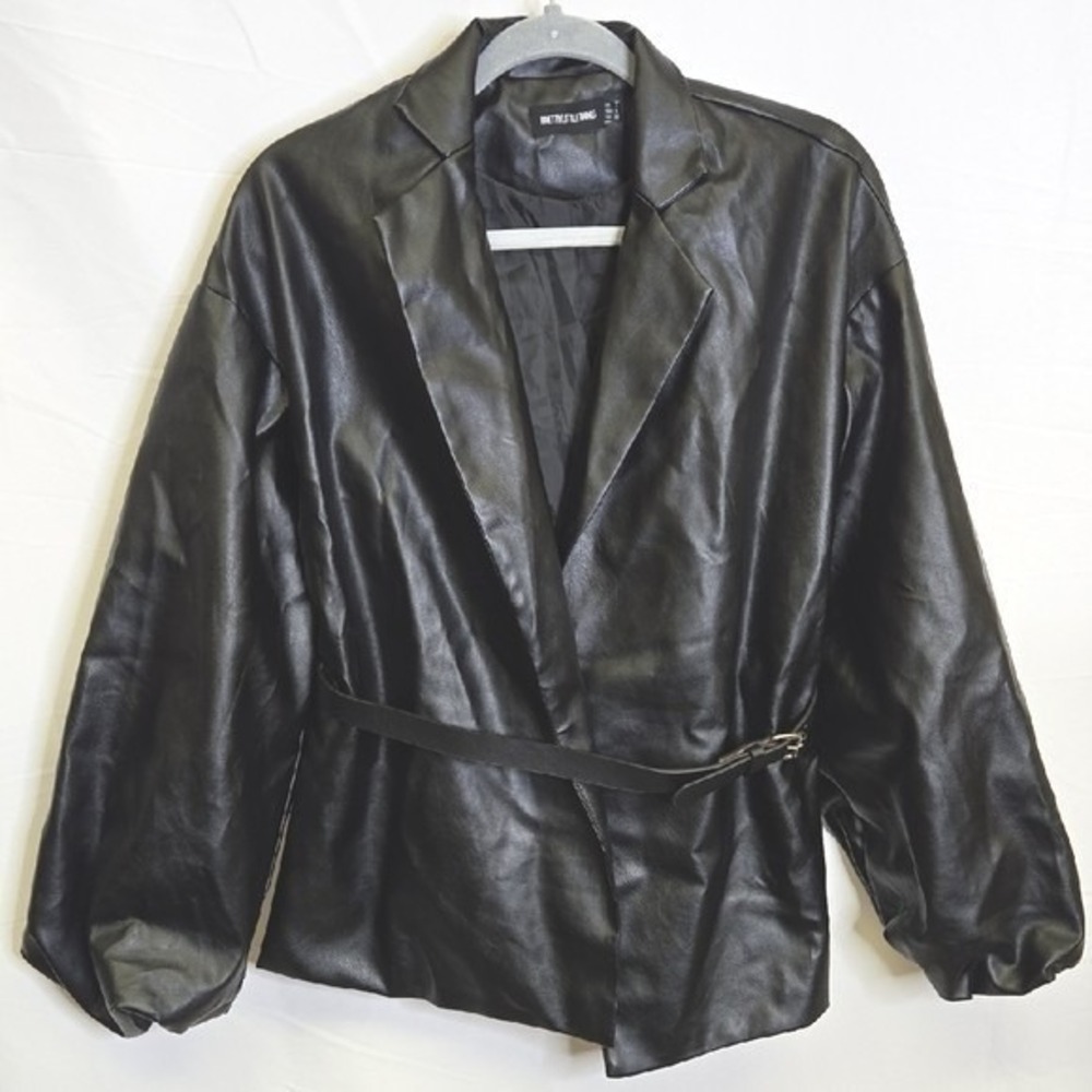 PrettyLittleThing Faux Leather Blazer Jacket With Belt, Gothic Chic, Black, Sz 0